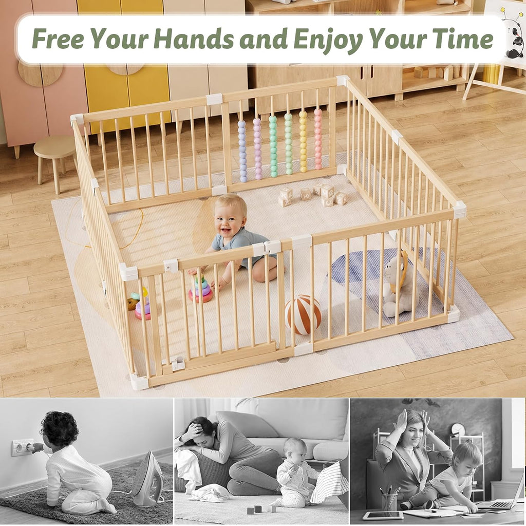 Large Wooden Baby Playpen - Size Adjustable Fence for Babies and Toddlers, Baby Play Yard with Locking Gate, Indoor