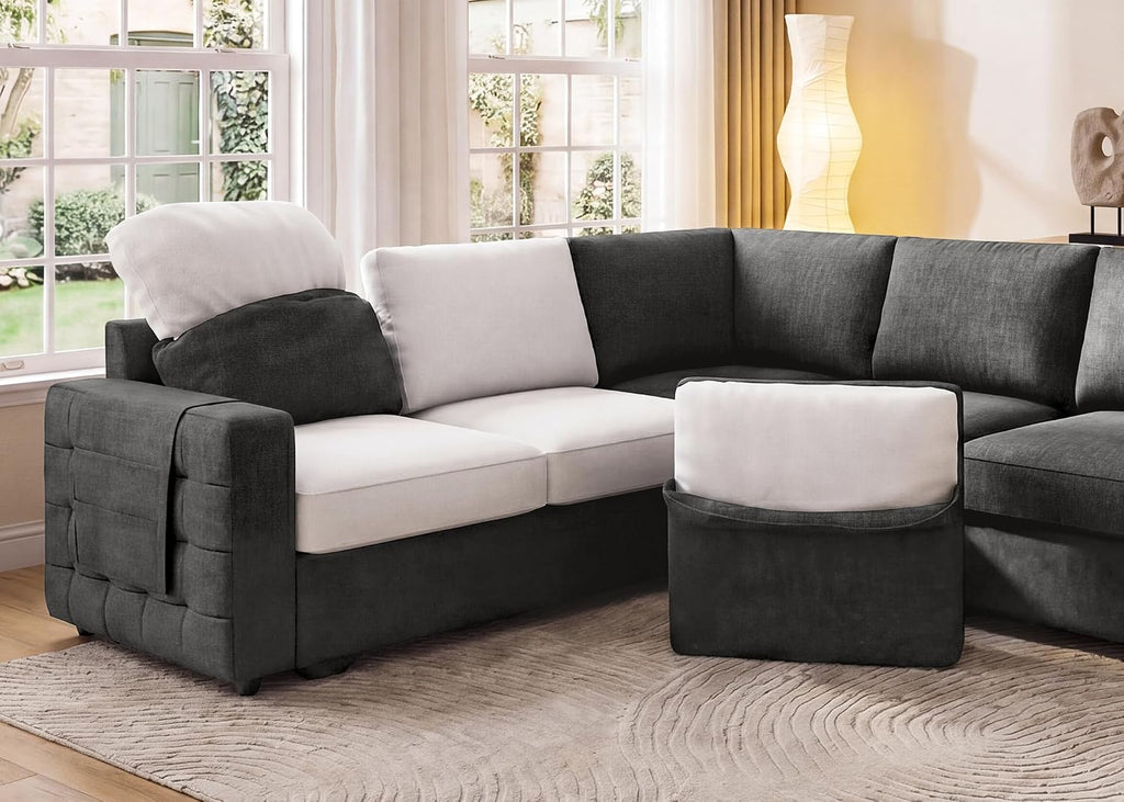 Sectional Couch with Pull Out Bed, U-Shaped Sectional Sleeper Sofa with Storage, 6 Seater Sectional Sofa Bed, Mid-Grey