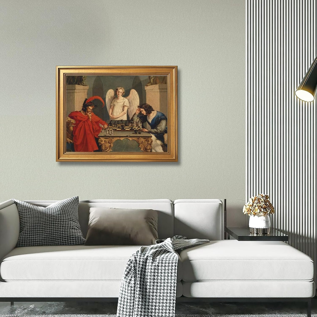 Gold Framed Faust And Mephistopheles Playing Chess Poster Wall Art Vintage Classic Oil Paintings Reproduction Canvas