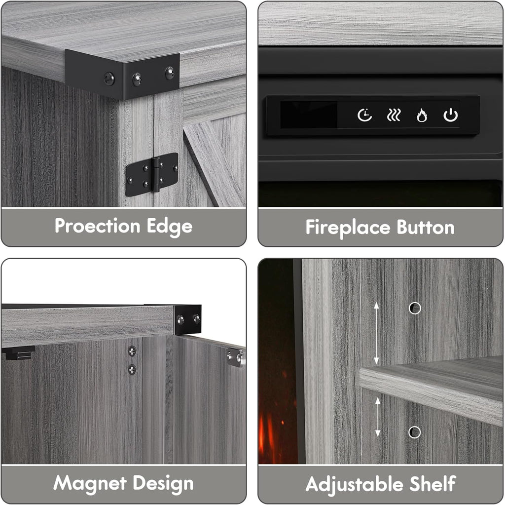 Fireplace TV Stand with Two Barn Doors and Storage Cabinets for Televisions up to 65+ Inch, Entertainment Center