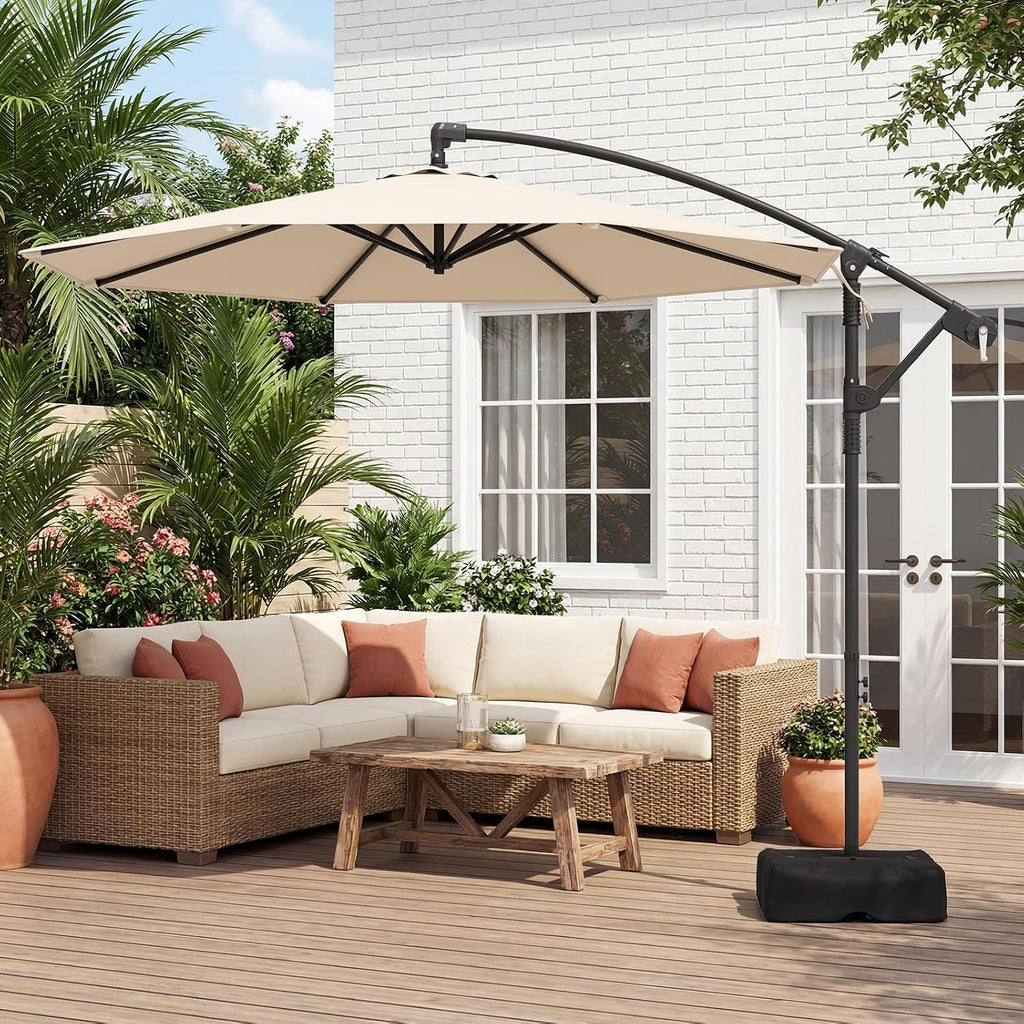 10ft Patio Umbrella with Base Included, Offset Cantilever Outdoor Umbrella with 360 Degree Rotation, Crank Handle