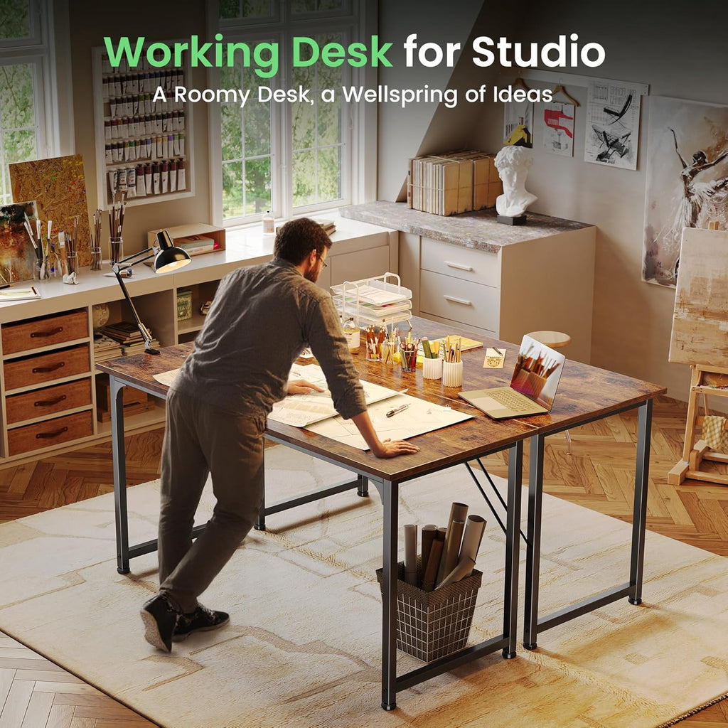 Computer Desk, 55 Inch Home Office Desk, Gaming Writing Work from Home Study Desk, Large Legroom, Sturdy Metal Frame
