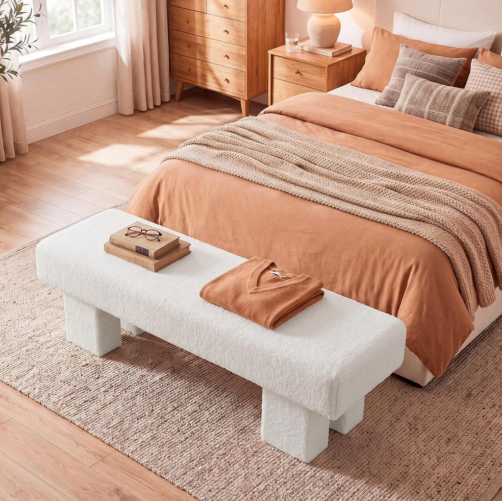 59" White Upholstered End of Bed Bench, Long Bench | Modern Bench for King Bed, High Resilience Entryway Bench ,Teddy