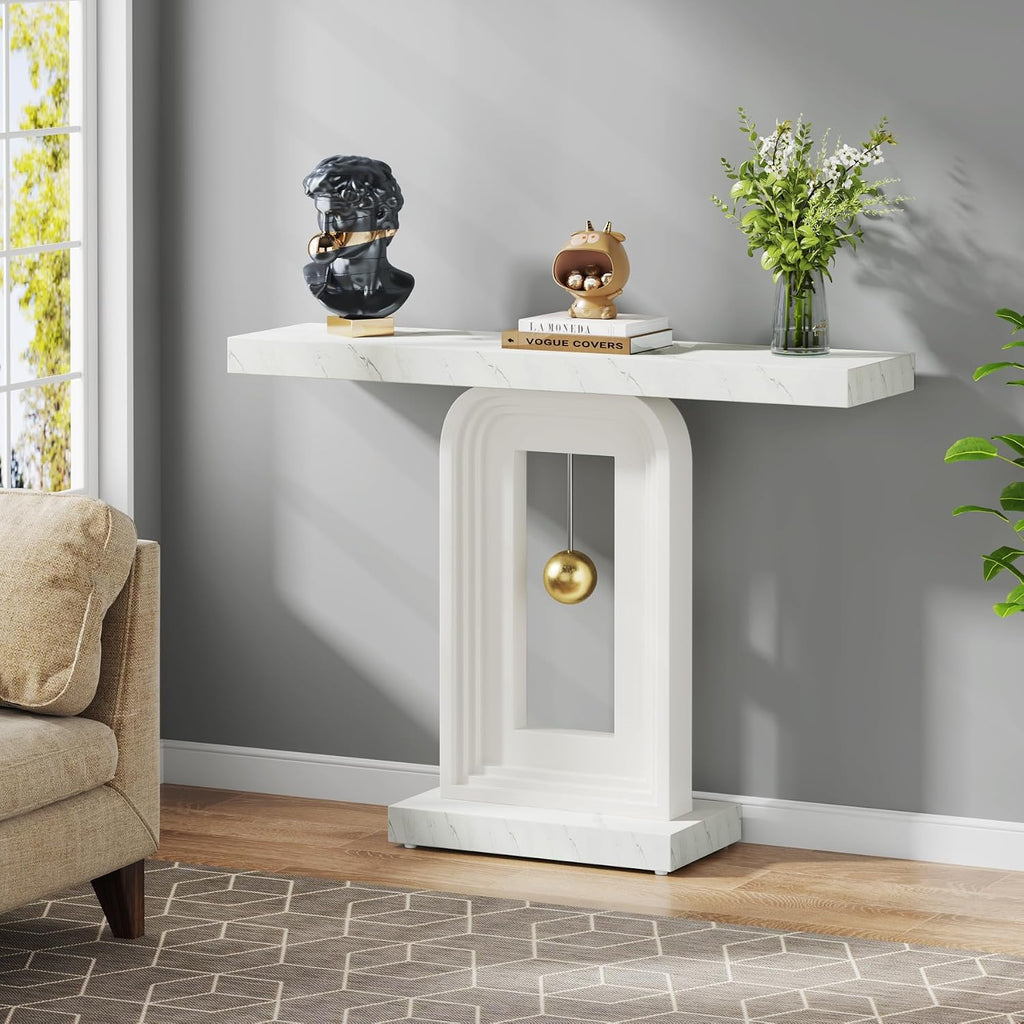 Modern Console Table, 40 Inches Faux Marble Sofa Table, Contemporary Entryway Table with Pendulum Shape Base Hallway
