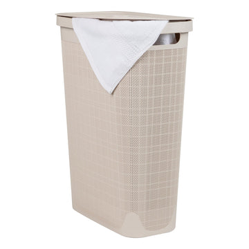 Slim Laundry Hamper with Lid, 40L Clothes Basket, Linen Design, Plastic, Ivory