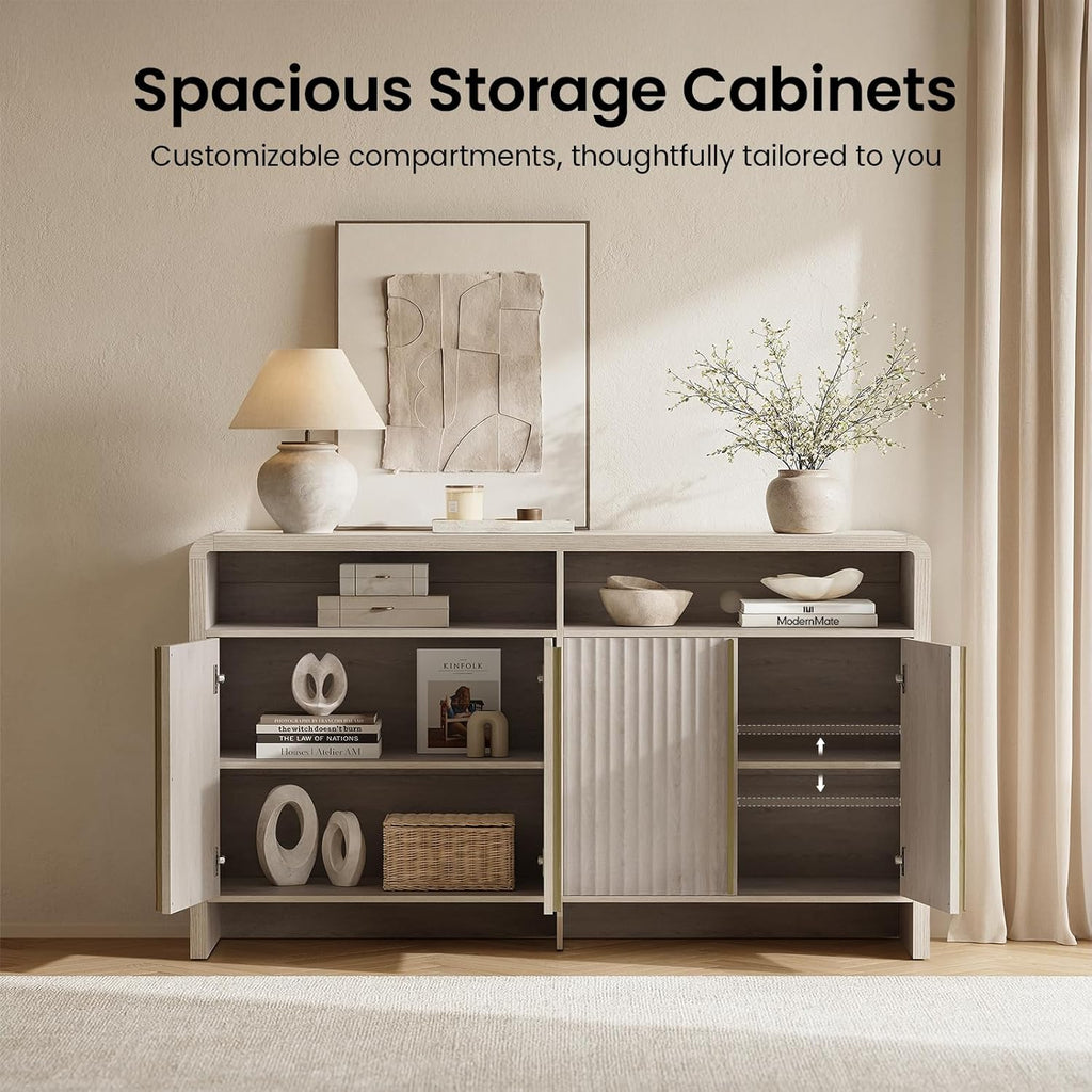 59" Sideboard Buffet Cabinet with Storage, Modern Fluted 4-Door Credenza Accent Cabinet with Open Storage Shelf