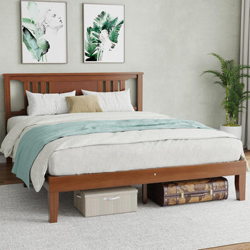 Solid Wood Bed Frame, Queen Platform Bed Frame with Headboard, Sturdy Wood Slat Support, Heavy Duty, No Box Spring