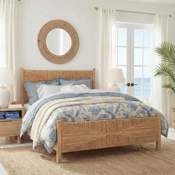 King Size Rattan Bed Frame, Boho Wicker Headboard, Natural Oak