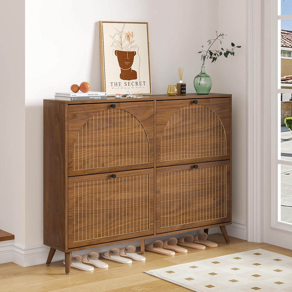 Shoe Storage Cabinet with 4 Flip Drawers, Narrow Shoe Organizer with Fluted Panel, Freestanding Wood Hidden Shoe