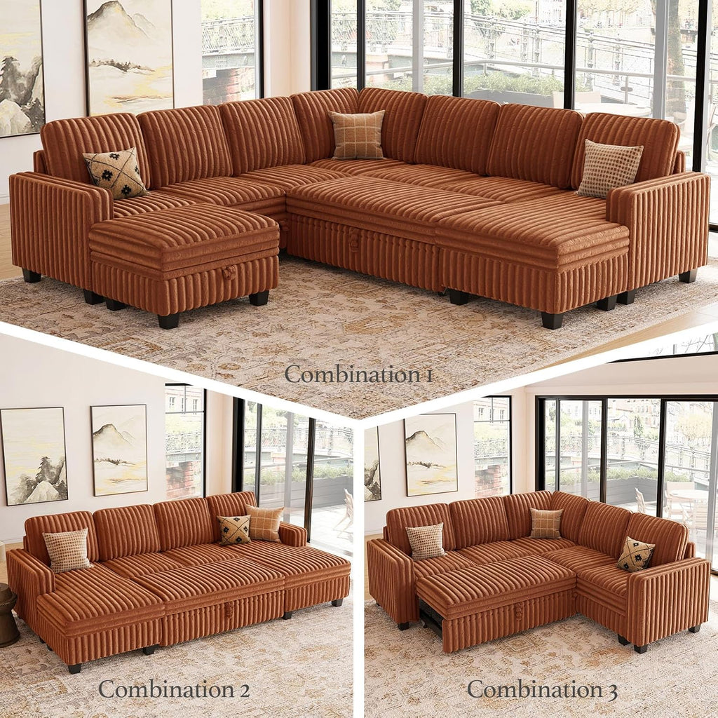 Corduroy Sleeper Sofa Bed with Storage Chaise Modular Sectional Sofa Couch with Pull Out Bed L Shaped