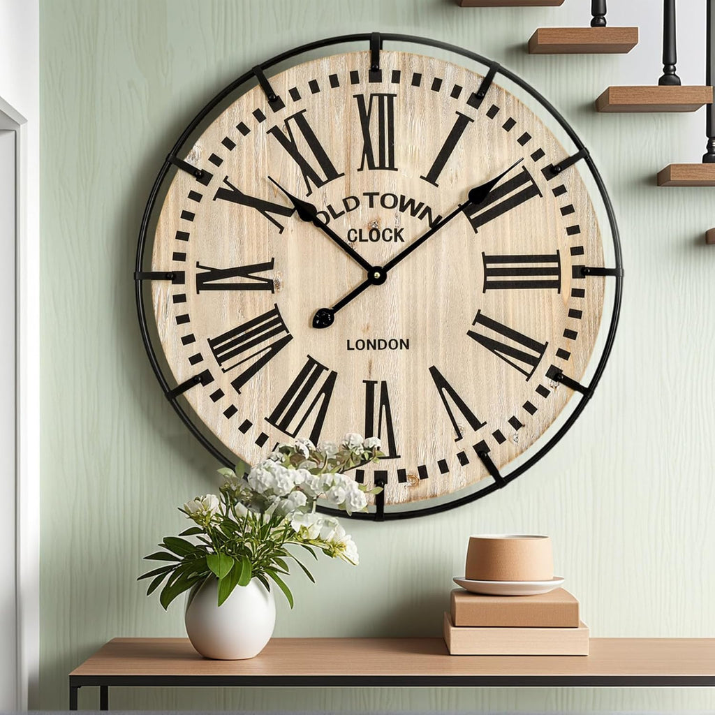 Rustic Farmhouse Wall Clock 24 Inch, Vintage Oldtown London Wooden Large Clock with Silent Tick, for Bedroom, Office