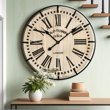 Rustic Farmhouse Wall Clock 24 Inch, Vintage Oldtown London Wooden Large Clock with Silent Tick, for Bedroom, Office