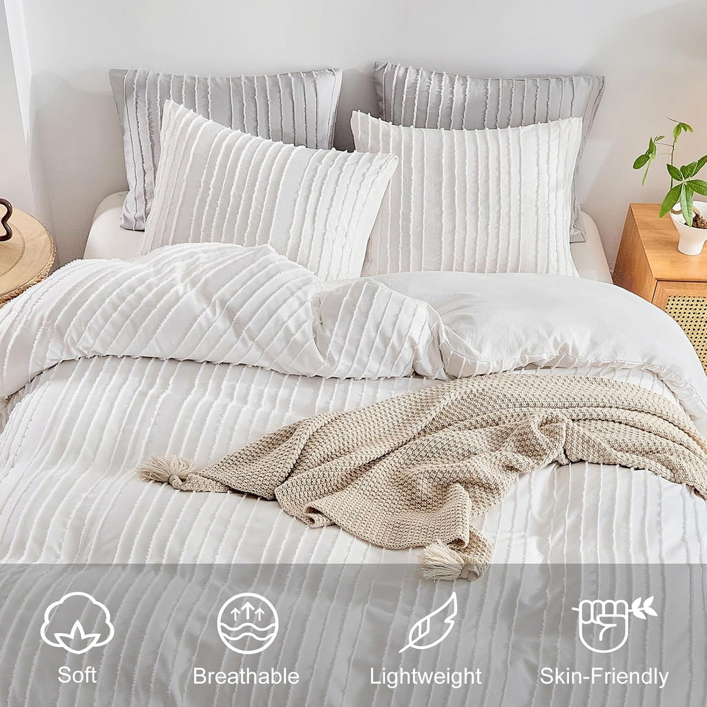 White Boho Duvet Cover Set, Striped Textured Tufted Bedding Set, 3 Pcs Ultra Soft Washed Microfiber with Zipper