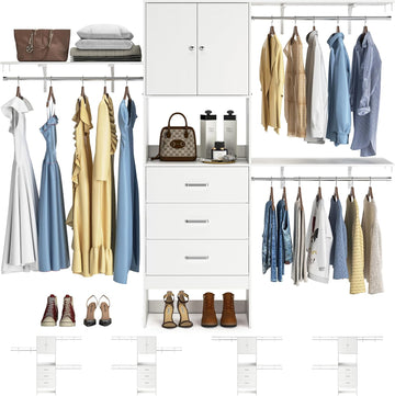96 Inches Closet System with Doors, 8FT Walk In Closet Organizer with 3 Shelving Towers, Heavy Duty Clothes Garment