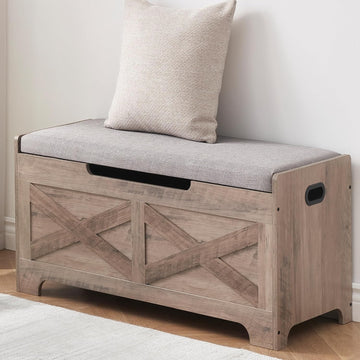 Storage Chest, Farmhouse Storage Trunk, Wooden Entryway Storage Bench with Safety Hinge and Lift-Top , Grey