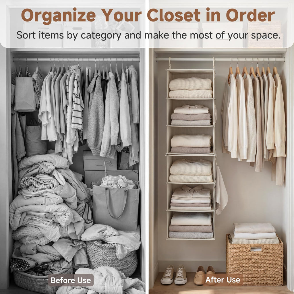 Hanging Closet Organizer, 6-Shelf with 2-in-1 Design