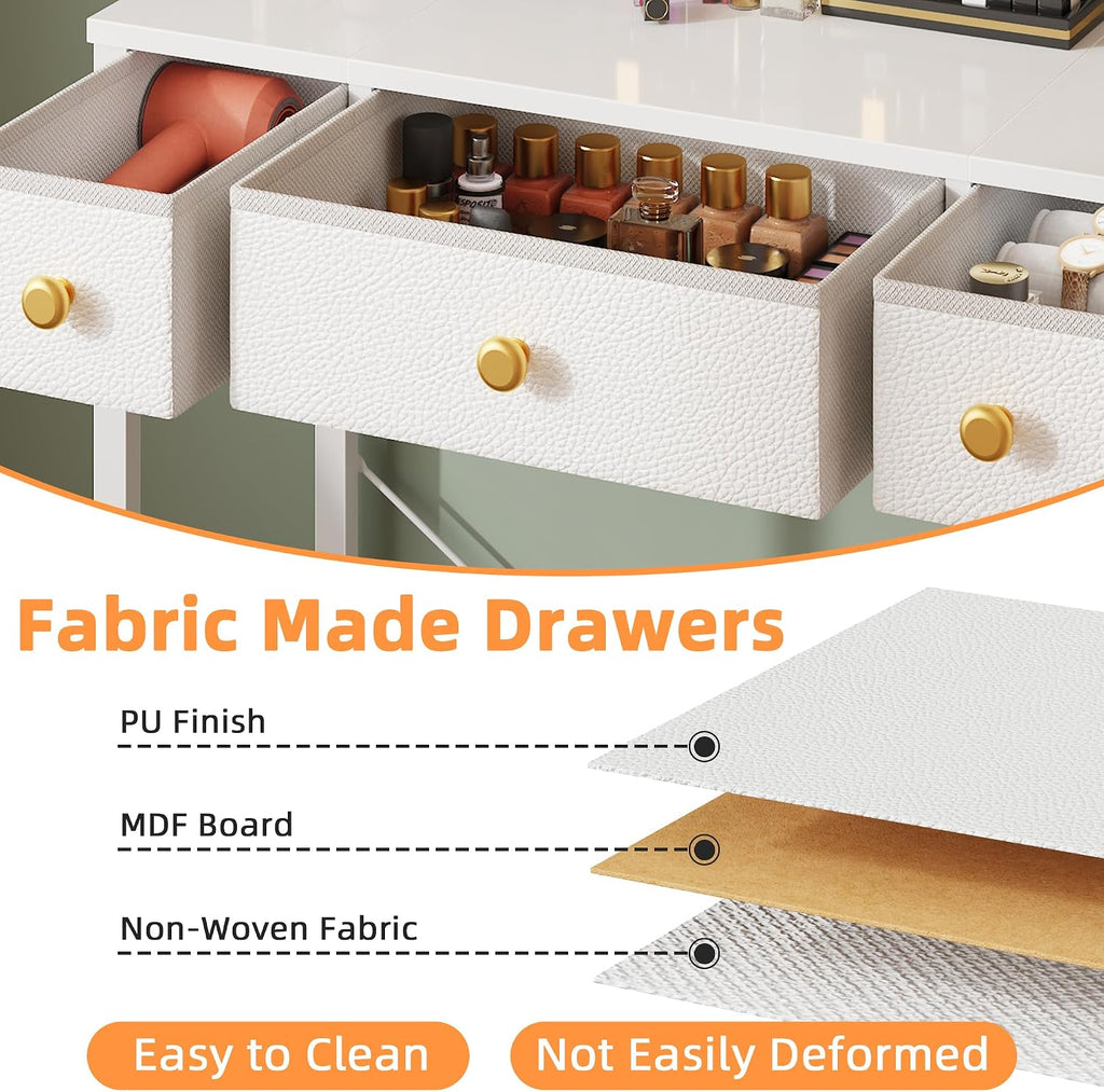 Small Makeup Vanity Desk 27.5''W with Mirror and Lights, White | 3 Drawers, USB Lighted Mirror, Height-Adjustable