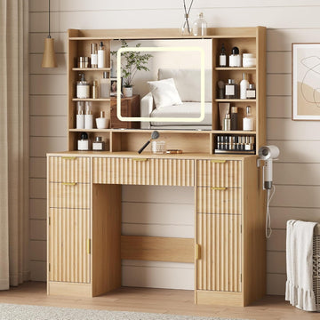 Makeup Vanity Desk with Mirror, Fluted Vanity with 5 Drawers and 2 Cabinets & Open Shelves and Power Outlet & Sliding