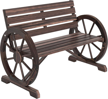 41" Wooden Wagon Wheel Bench Rustic Outdoor 2-Person Carbonized | Patio Bench, Weather Resistance Furniture, Slatted