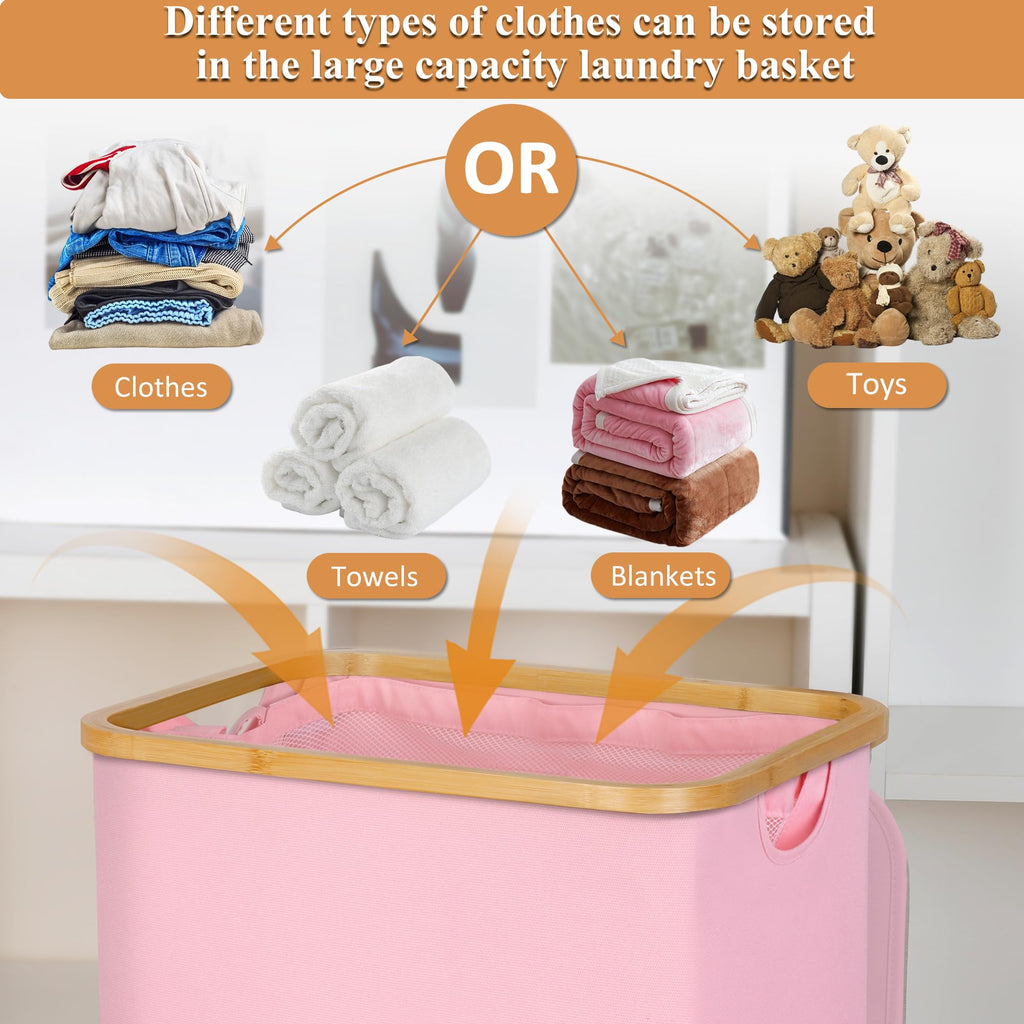 100L Laundry Hamper with Lid, Lagre Basket with Bamboo Handles,Foldable Clothes Hamper Tall Dirty Laundry Basket for