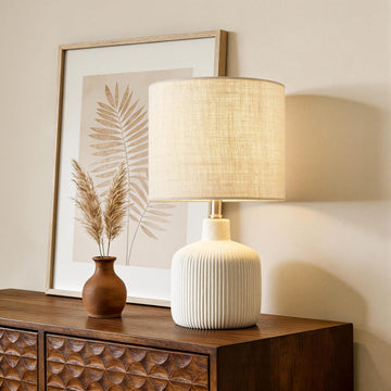 Ceramic Table Lamp, 17.75" Rustic Farmhouse Bedside Lamp with Beige Linen Shade
