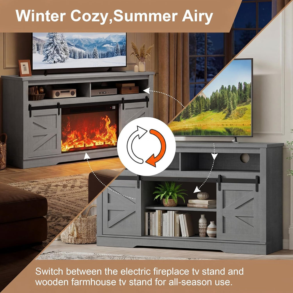 Fireplace TV Stand for Television up to 65+ Inch with Storage and Farmhouse Sliding Barn Doors, Entertainment Center
