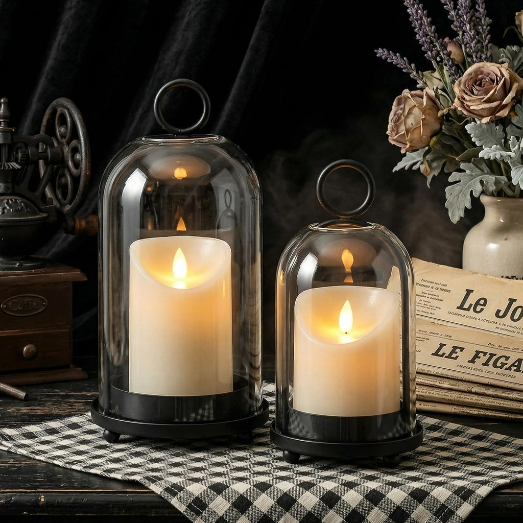 Hurricane Candle Holders Set of 2-10" & 7.8" Black Metal Base with Glass Dome, Includes 2 Pillar Candles, Hanging or
