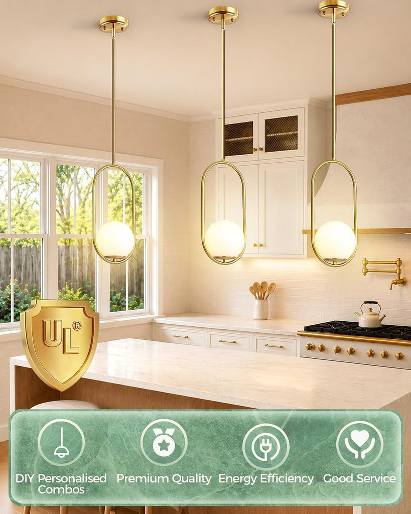 Pendant Lights Kitchen Island, Mid Century Modern Pendant Light Fixtures, Gold Globe Glass Pendant Lighting, Brass