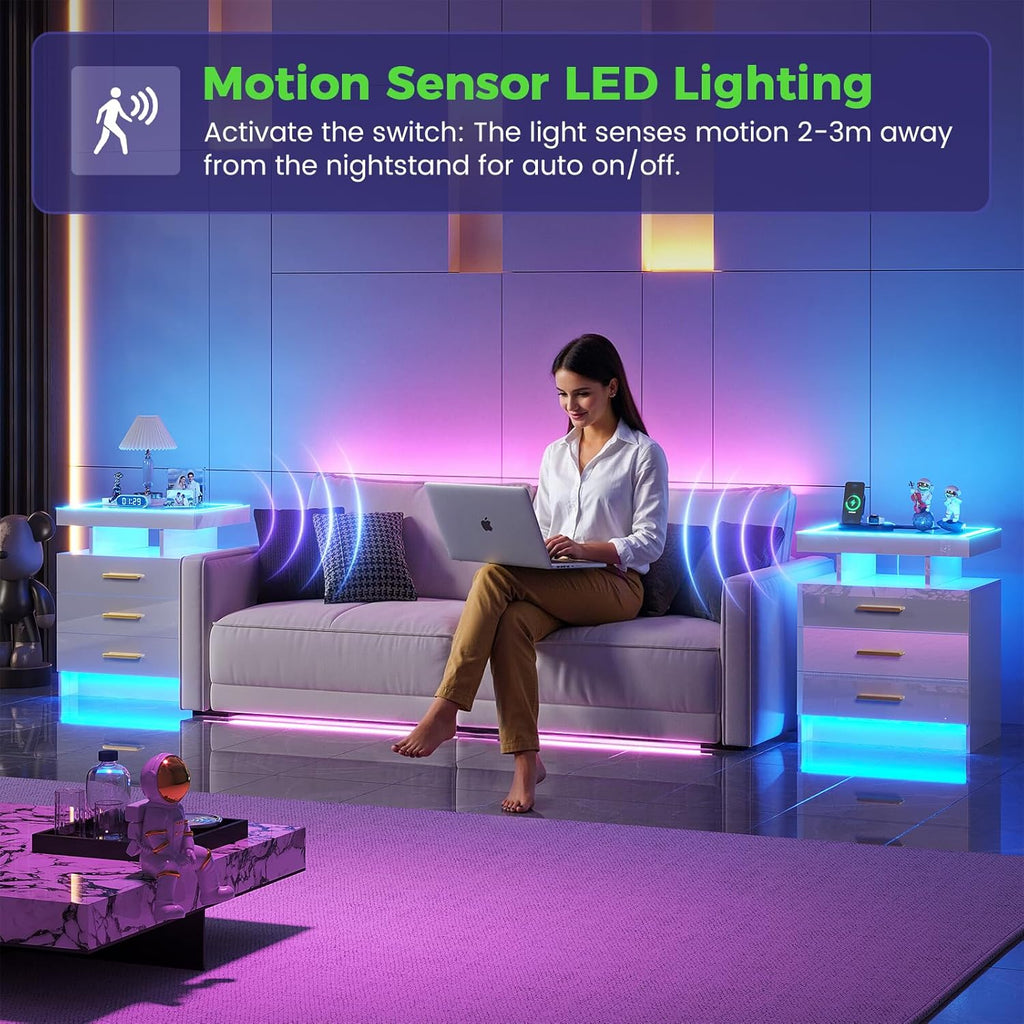 Night Stand Set 2 with LED Lights, High Gloss Nightstand with 3 Drawers,Wireless&USB&Type-C Charging Station,Smart
