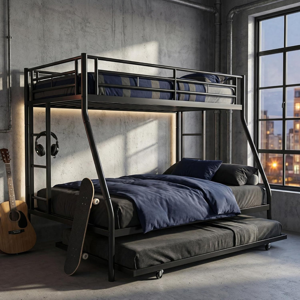 Metal Bunk Beds with Double Secured Ladders, Twin Over Full Bunk Bed with Surrounded Safety Guardrails