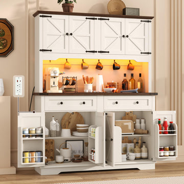 71" Tall Large Pantry Storage Cabinet w/Power Outlet, 55" Wide Farmhouse Kitchen Hutch Storage Cabinet w/Barn Doors, 2
