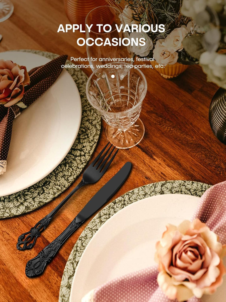 48 Pieces Black Silverware Set with Steak Knives, Gorgeous Retro Royal Silverware Set for 8