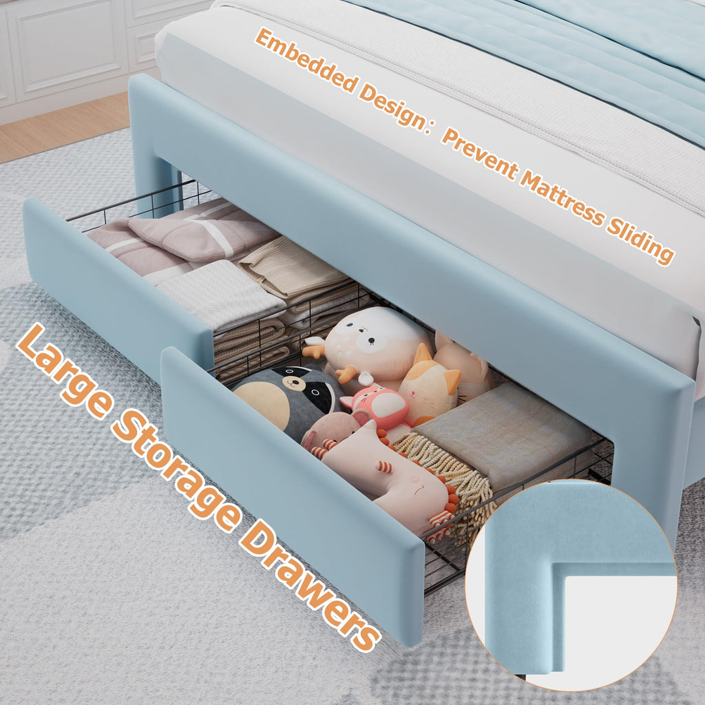 Full Upholstered LED Bed Frame with 2 Storage Drawers and Adjustable Chic Double Wavy Headboard, Velvet Princess