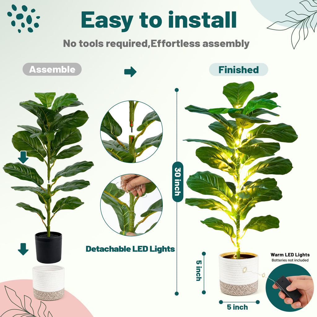 2 Pack 30" Artificial Plants with Lights, Fiddle Leaf Fig Trees