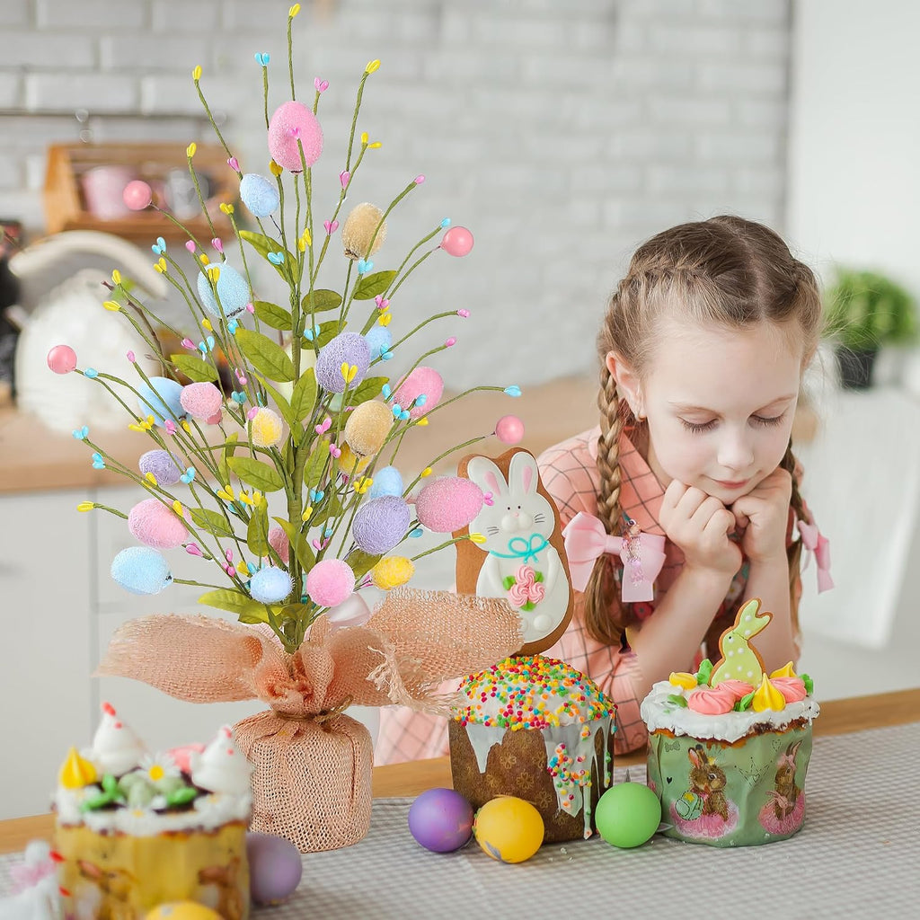 17'' Easter Egg Table Tree Easter Decorations with Artificial Eggs Greenery Leaves Berries Artificial Tree Decor