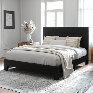 Full Platform Bed Frame with Velvet Upholstered Headboard and Wooden Slats Support