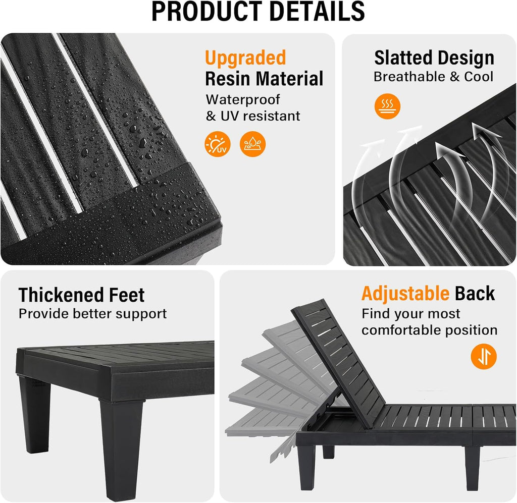 Outdoor Chaise Lounge Chair Set of 2, Waterproof Outdoor Lounge Chair with 5-Level Adjustable Backrest, Patio Chaise