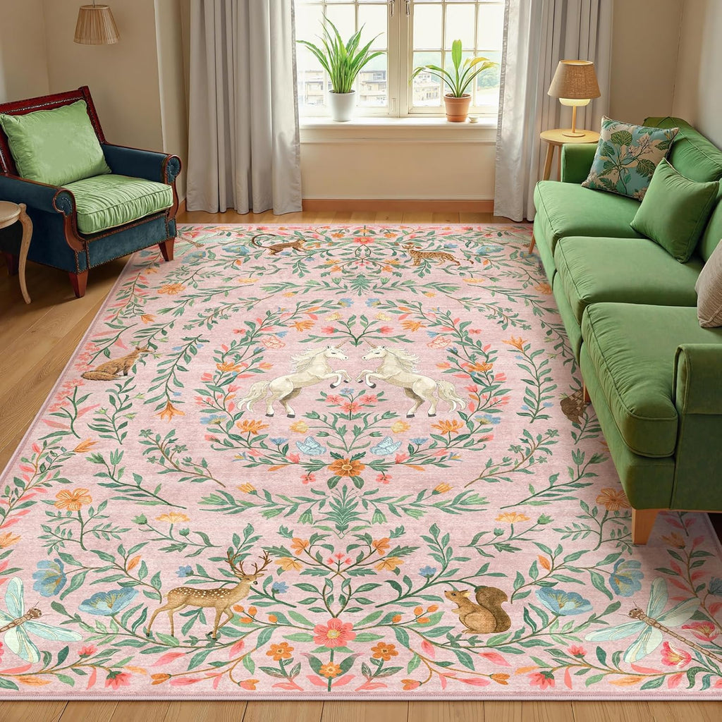 Machine Washable 5x7 Area Rugs for Living Room, Non Slip Soft Low Pile Unicorn Floral Farmhouse Moro