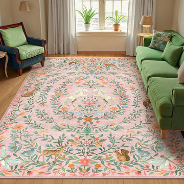 Machine Washable 5x7 Area Rugs for Living Room, Non Slip Soft Low Pile Unicorn Floral Farmhouse Moro