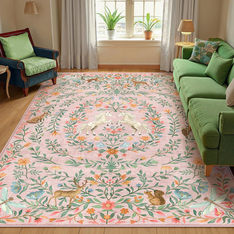 Machine Washable 5x7 Area Rugs for Living Room, Non Slip Soft Low Pile Unicorn Floral Farmhouse Moro
