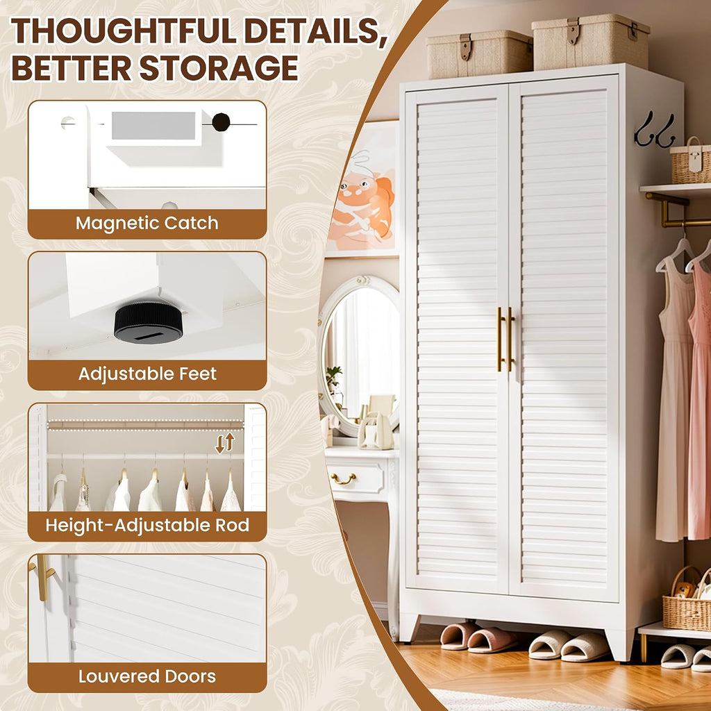 Metal Armoire Wardrobe Closet, 71" Clothing Storage Cabinets with Adjustable Hanging Rod, Louvered Doors, 2 Side