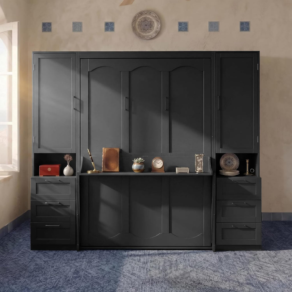 Queen Murphy Bed with Desk, Multifunctional Foldable Wall Bed with Closet, Drawers and Shelves, Space-Saving Wood Bed