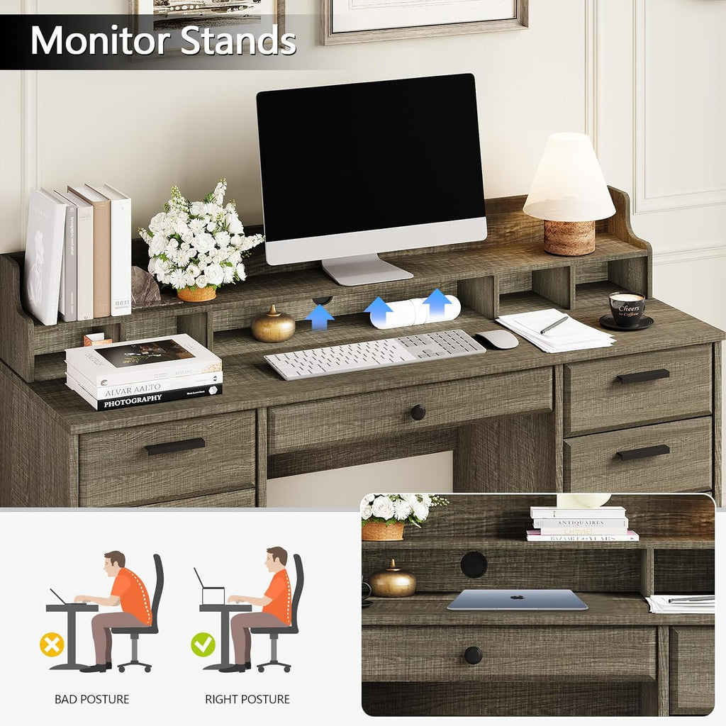 58 Inch Executive Desk with File Drawers, Computer Desk with Storage, Rustic Desk with Adjustable Shelves