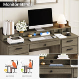 58 Inch Executive Desk with File Drawers, Computer Desk with Storage, Rustic Desk with Adjustable Shelves