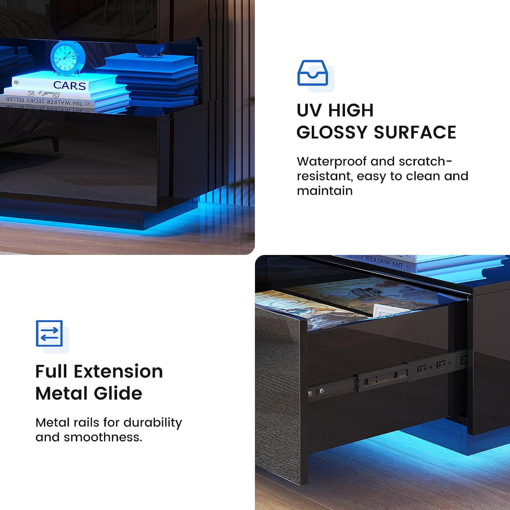 High‐Gloss Smart LED Nightstand | Motion‐Sensor 3‐Color Lighting, Hidden Storage Compartment, Gun Drawers, USB