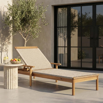 Acacia Wood Chaise Lounge Chair Outdoor, Poolside Sun Lounger Recliner with Woven Rope Seat, Patio Outdoor