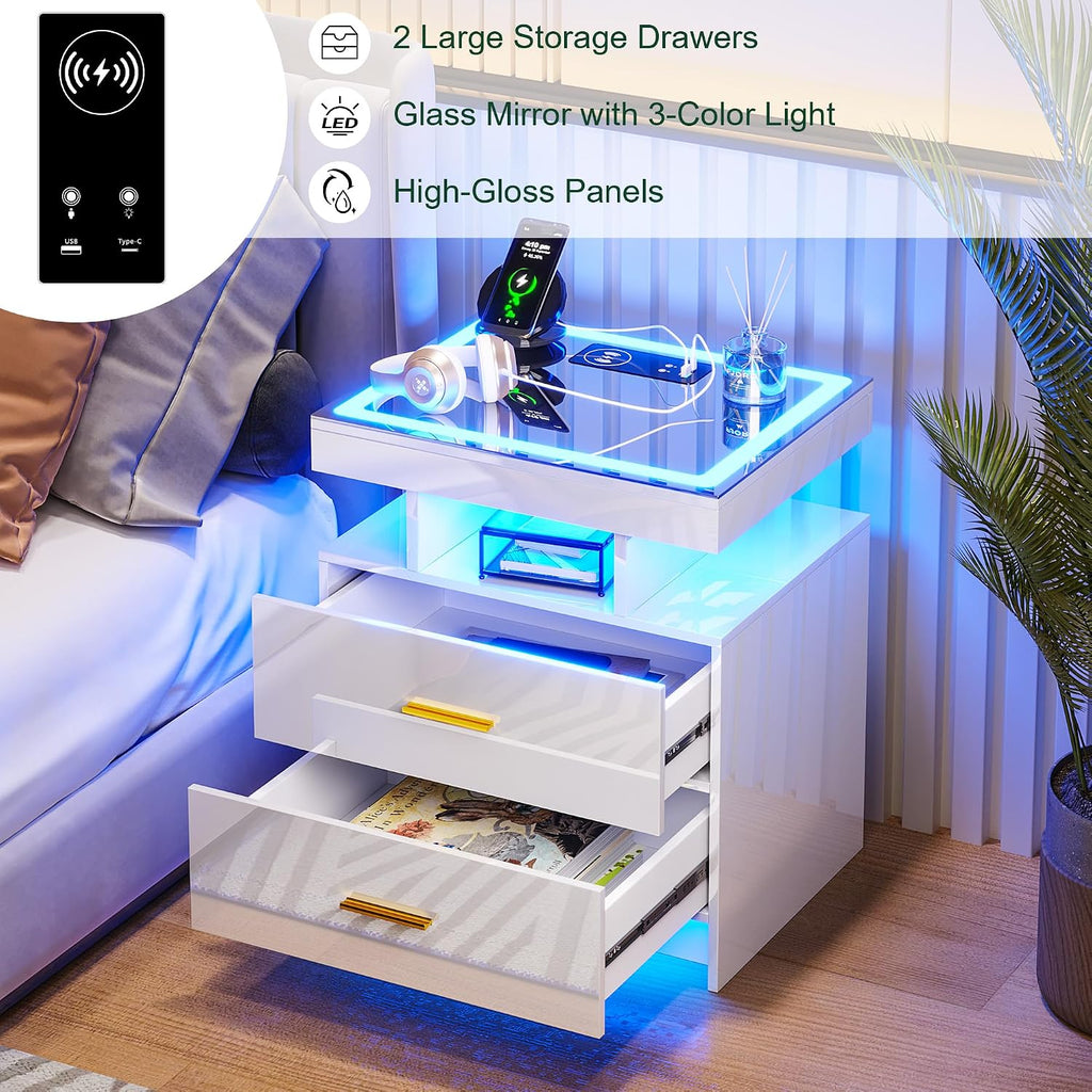 LED Nightstand with Charging Station (USB,Type-C Ports) High Gloss Bedside Table with 2 Drawers, Smart Night Stand