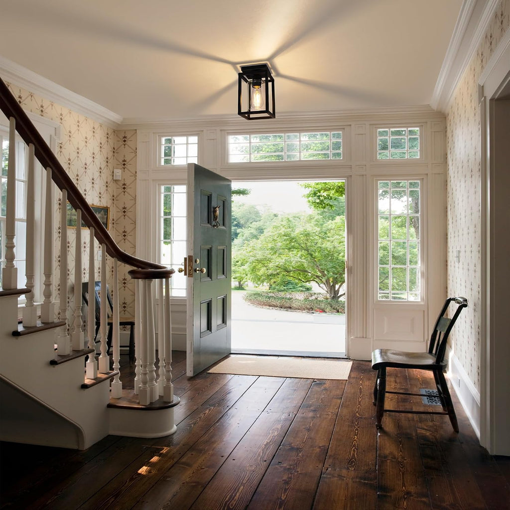 Semi Flush Mount Ceiling Light Fixture, Black Metal Frame Porch Ceiling Light Fixture with Clear Glass Shade and E26