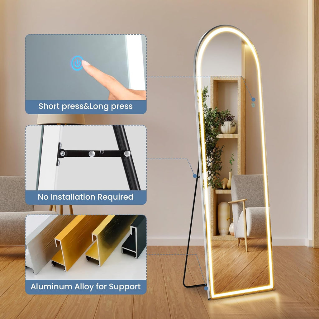 Arched LED Mirror Full Length with Stand, 16"×60" Full Body Wall Mirror with LED Lights 3 Color Lighting, Hanging or