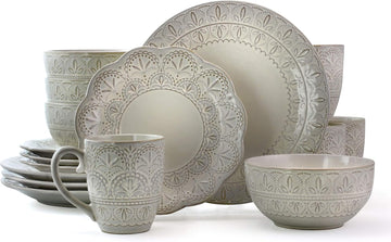 White Lace 16 Piece Round Scallop Stoneware Dinnerware Set in White